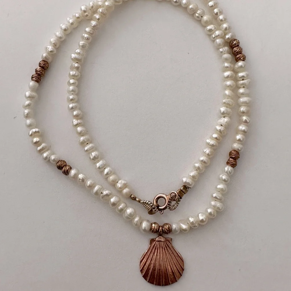925 Silver pearl necklace with seashell 14k rose gold plated